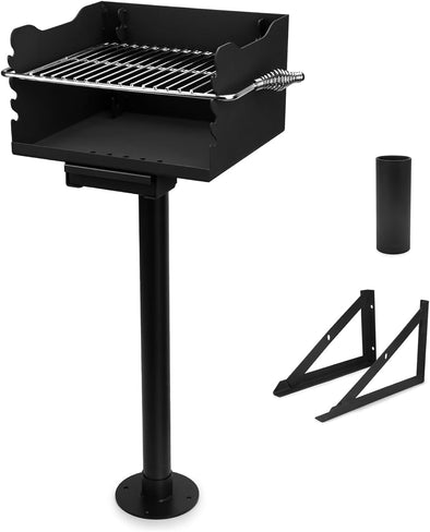 Park-Style Charcoal Grill, Heavy Duty Steel Outdoor BBQ Park Grill with Stainless Steel Cooking Grate and Post for Backyard or Camping, Black