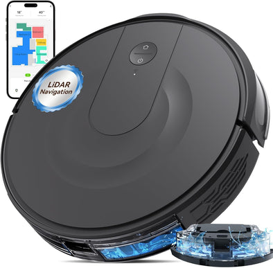 Robot Vacuum and Mop,Lidar Navigation Smart Mapping Robotic Vacuum Cleaner with 9000Pa Max Suction，200 Min Runtime，Auto Recharge，Customized Cleaning，Perfect for Pet Hair, Carpet, Hard Floor