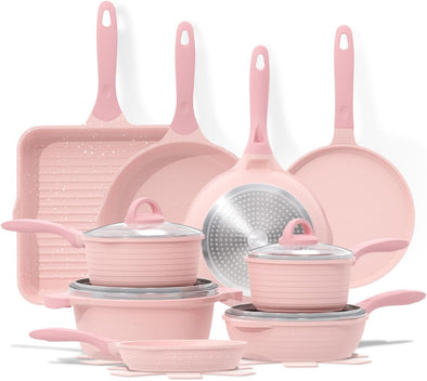 Pink Pots and Pans Set Nonstick 23Pcs, Healthy Kitchen Cookware Sets, Induction Cooking Set Pink Granite Stone Frying Pans, Saucepans, Sauté Pan, Griddle Pan & Crepe Pan (PFOA Free)