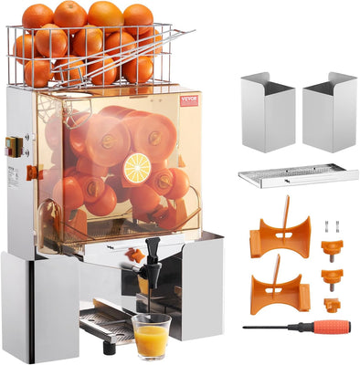 Commercial Orange Juicer Machine, 120W Automatic Juice Extractor with Water Tap, Stainless Steel Orange Squeezer 20 Oranges/Minute, with Pull-Out Filter Box, PC Cover, 2 Peel Collecting Buckets