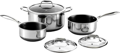 Hybrid Nonstick 6-Piece Pot Set, 2, 3, and 8-Quart Pots with Tempered Glass Lids, Stay-Cool Handles, Dishwasher Safe, Compatible with All Cooktops