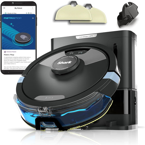 Matrix plus 2In1 Robot Vacuum & Mop with Sonic Mopping, Matrix Clean, Home Mapping, HEPA Bagless Self Empty Base, Cleanedge, for Pet Hair, Wifi, Black/Mocha, AV2630WA