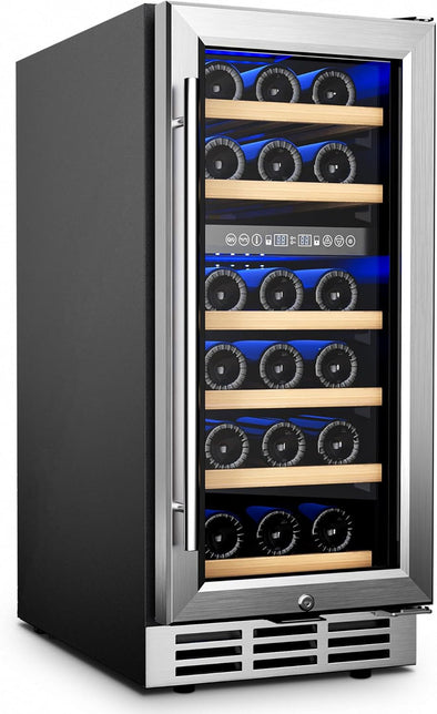 15 Inch Wine Fridge, Dual Zone Wine Chiller with Digital Temperature Control, Wine Cooler Upgraded Compressor Fits Low Noise, Wine Storage with Double-Layer Glass Door, 33 Bottles.