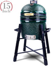 Ceramic Kamado Charcoal BBQ Grill and Smoker, Stainless Steel Grates -15" Ceramic with Tall Stand (GREEN)