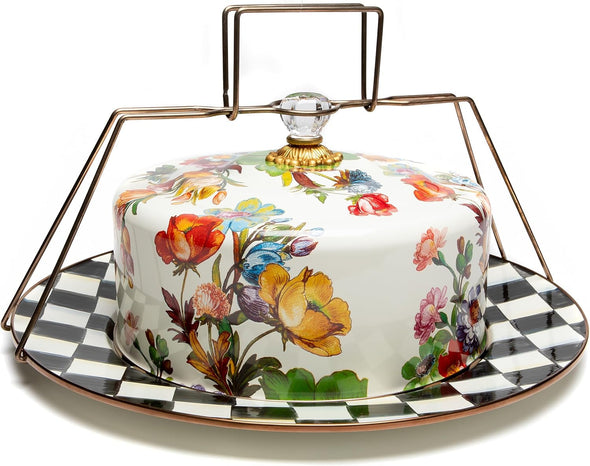 Cake Carrier, Cake-Dish Serving Platter with Lid and Handles, White Flower Market with Black-And-White Courtly Check