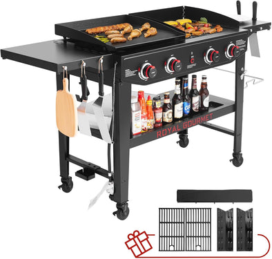 GD405A Propane Gas Grill and Griddle Combo with Grilling Gear Set, 4-Burner Griddle Grill Combo with Folding Side Tables for Outdoor Cooking, Black