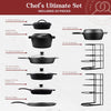 Cast Iron 23-Pc Cookware Set - 8" Skillet + Cast Iron Lid + 12"+Lid + 10" Braiser with Lid + Grill Pan + Lid + Griddle + 5-Qt Dutch Oven + Multi-Cooker + 12"+15" Pan Rack + Scraper + Handles