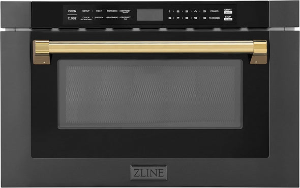 Autograph Edition 24" 1.2 Cu. Ft. Built-In Microwave Drawer in Black Stainless Steel and Polished Gold Accents