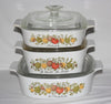 Set of 3 - Vintage 1970S " Spice O' Life" Glass 1 Quart, 1 1/2 Quart & 2 Liter Skillet Casserole Baking Dishes W/Lids