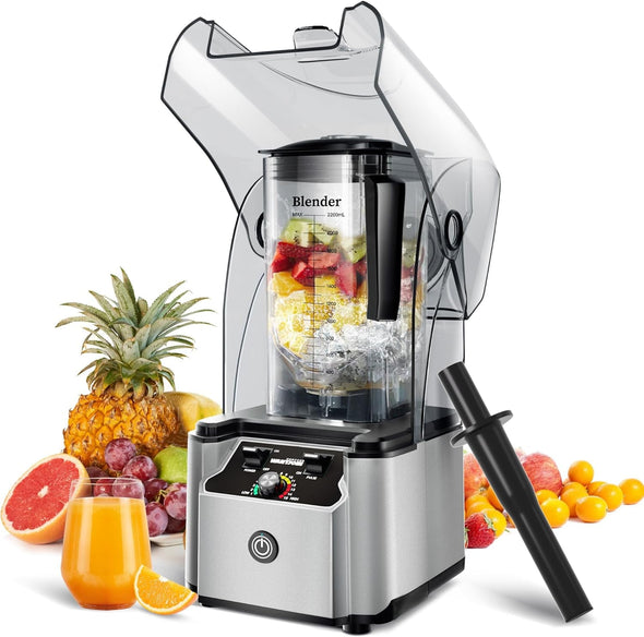 Commercial Professional Blender with Shield Quiet Sound Enclosure 2200W Industries Strong and Quiet Professional-Grade Power, Self-Cleaning, Silver