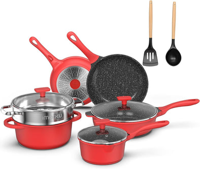 Pots and Pans Set,11Pc Kitchen Cookware Set Nonstick, Cooking Pot Pan Set with Stay-Cool Handle,Pfoa Free Pans Set with Granite Coating,Red