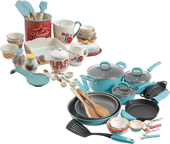 Vintage Speckle 24-Piece Cookware Combo Set in Turquoise Bundle with Copper Charm Stainless Steel Copper Bottom Cookware Set, 10 Piece