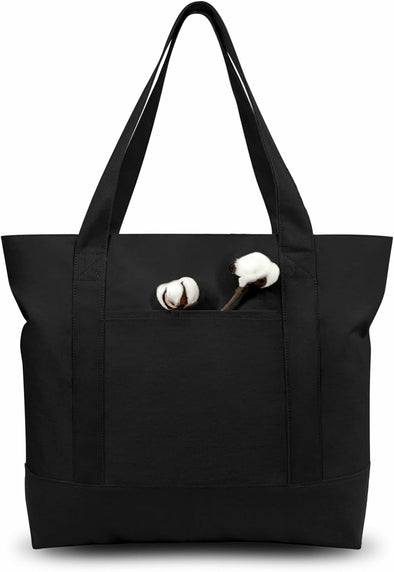 30-Pack Stylish Canvas Tote Bag with an External Pocket, Top Zipper Closure, Daily Essentials (Black)