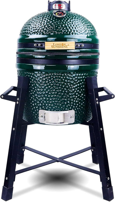 Ceramic Kamado Charcoal BBQ Grill and Smoker, Stainless Steel Grates -15" Ceramic with Tall Stand (GREEN)