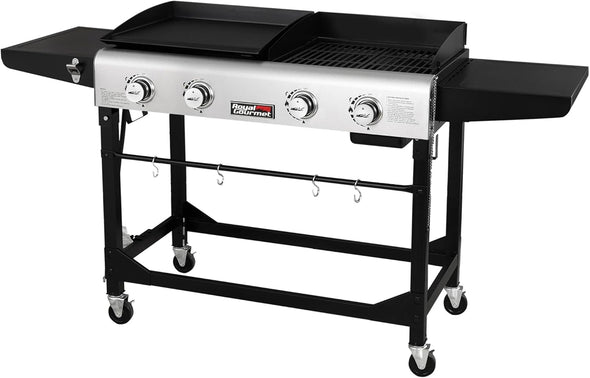 GD401 Portable Propane Gas Grill and Griddle Combo with Side Table | 4-Burner, Folding Legs,Versatile, Outdoor | Black 66 Inch