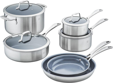 Spirit 3-Ply 10-Pc Stainless Steel Ceramic Nonstick Pots and Pans Set, Dutch Oven, Fry Pan