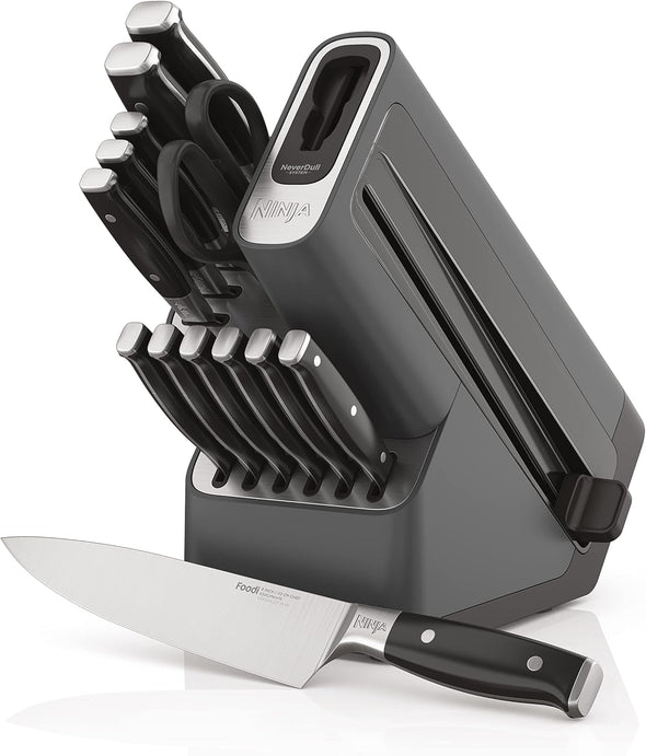 Knife Set, Knife Sharpener, Knife Block Set, Stainless Steel Knives, 14 Piece Set, Steak Knives, Chef Knives and More, Foodi Neverdull, Black, K32014​