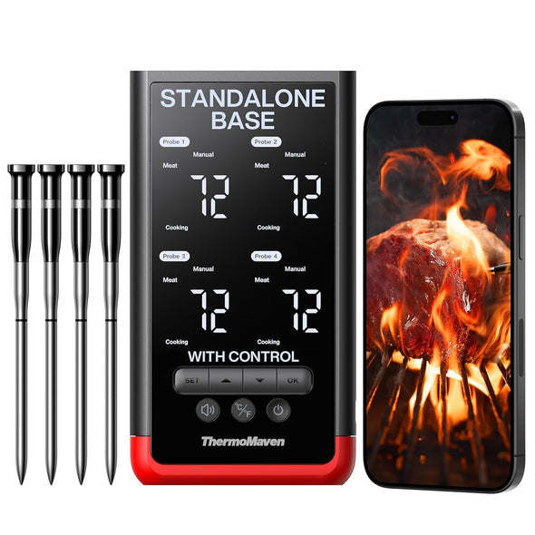 4-Probe Wireless Bluetooth Smart Meat Thermometer: Standalone Base, Wifi Unlimited Range, 6 Sensors with NIST Certified Accuracy, for Kitchen, BBQ, Grill, Oven, Smoker, Rotisserie