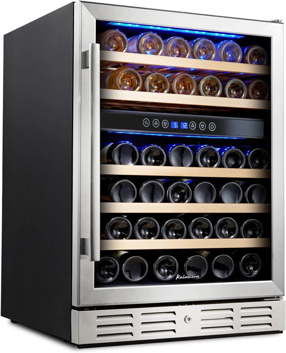 24 Inch Wine Cooler, 46 Bottle - Dual Zone Built-In or Freestanding Fridge with Stainless Steel Reversible Glass Door, for Home, Kitchen, or Office.