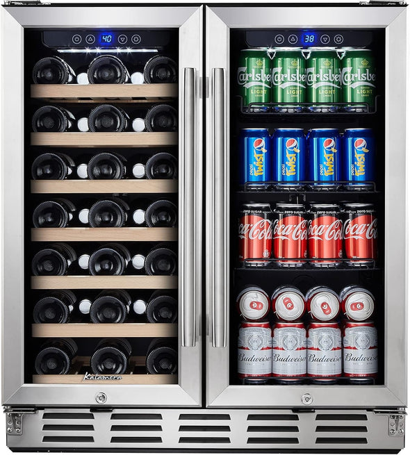 Wine and Beverage Refrigerator, 30 Inch Wine Fridge Dual Zone Hold 33 Bottles and 96 Cans, Digital Touch Control, Built-In or Freestanding