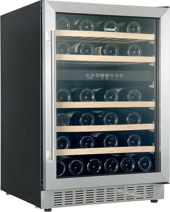 46 Bottle Luxury Wine Cooler & Beverage Refrigerator, Built in or Free-Standing, Dual Zone, Stainless Steel with Reversible Glass Door, Beech Wood Shelves and LED Display Touchpad