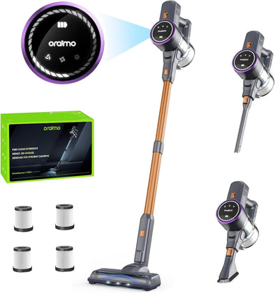 Cordless Vacuum Cleaner, 45 Mins Max Runtime, Stick Vacuum 270W/ 24Kpa, LED Display with Battery Indicator, 3 Power Suction, Self-Standing, Anti-Entangle Floor Brush, 4 Replaceable HEPA Filters