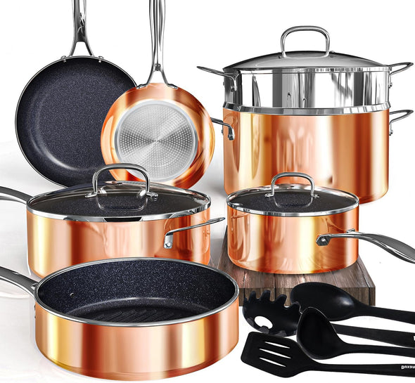 Deluxe  14PC Healthy Pots and Pan with 9H Anti-Scratch Coating, 2-Layer Non-Stick Ceramic&Pfas Free, Sensitively&Evenly Induction Cooking, Enhanced Flavor with Infrared Cookware, Dishwasher Safe