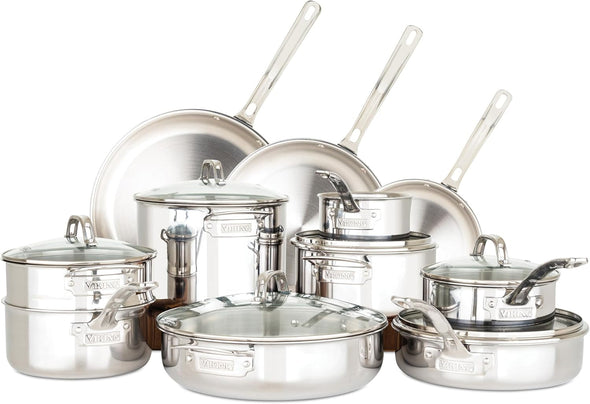 Culinary 3-Ply Stainless Steel Cookware Set, 17 Piece, Includes Pots & Pans, Steamer Insert & Glass Lids, Dishwasher, Oven Safe, Works on All Cooktops Including Induction