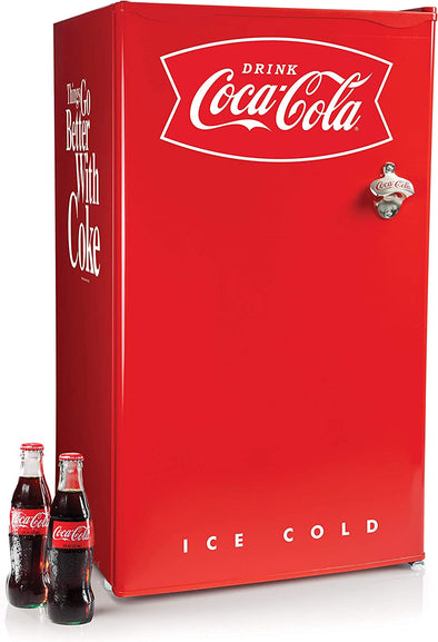 Nostalgia Coca-Cola Refrigerator with Freezer, 3.2 Cu. Ft., Adjustable Temperature Cools as Low as 32 Degrees, Bottle Opener, Ice Cube Tray, Scraper Included, Red