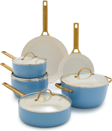 Reserve Hard Anodized Healthy Ceramic Nonstick 10 Piece Cookware Pots and Pans Set, Gold-Tone Stainless Steel Handles, PFAS & Pfoa-Free, Dishwasher Safe, Oven & Broiler Safe, Sky Blue