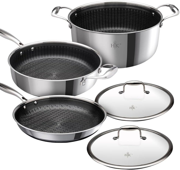 Hybrid 5 Pc Cookware Set, Tri-Clad Stainless Steel and Nonstick Ceramic PFAS Free, No PFOA, PTFE, or Teflon, Non Toxic Cookware, Metal Utensil Safe, All Cooktops, Oven Safe