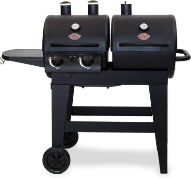 ® Dual-Function 2-Burner 24,000 BTU Propane Gas and Charcoal Combination Grill and Smoker with 870 Cooking Square Inches in Black, Model E5030