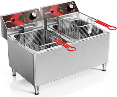 Deep Fryers Commercial Deep Fryer 12L X 2 Large Dual Tank Electric Countertop Fryer for Restaurant with 2 Frying Baskets and Lids, 1800W X 2, 120V