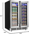 Wine and Beverage Refrigerator, 24 Inch Dual Zone Wine Cooler with Glass Door Hold 21 Bottles and 88 Cans, Built in or under Counter Wine Fridge with Blue LED Light