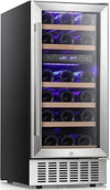 15" Wine Cooler under Counter Beverage Refrigerator Beer Mini Fridge 28 Bottles Dual Zone Built-In Freestanding Stainless Steel Double-Layer Tempered Glass Door