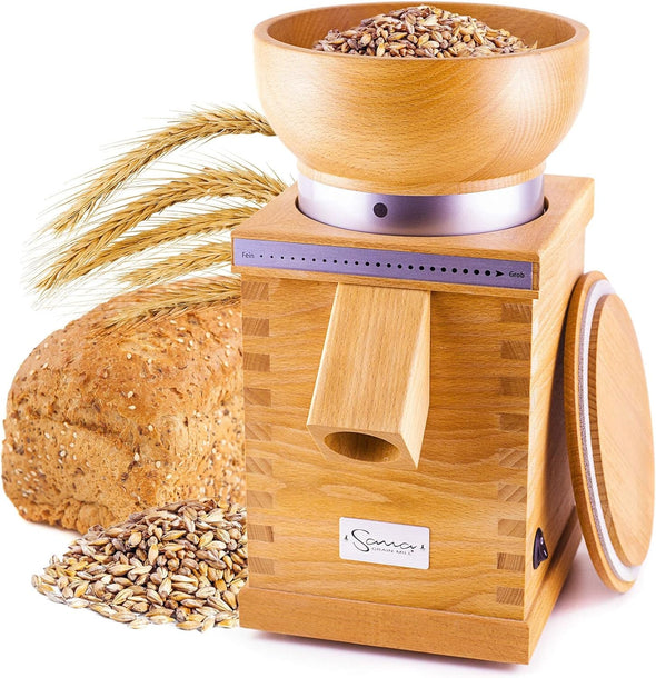 Grain Mill, Premium Grain Mill, 850-Gram Capacity 100 Gram per Minute Output 15 Year Warranty, Made in Germany, Natural Beech Wood