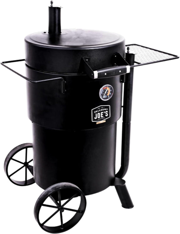 Char-Broil Oklahoma Joes Bronco Barrel Drum Smoker with Porcelain Coated Steel, Air Intake Channel, and 630 Square Inches Cooking Surface, Black