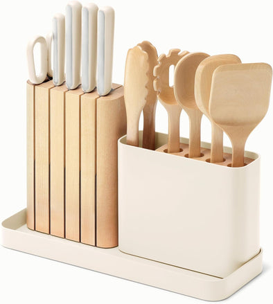 14-Piece Kitchen Prep Set - Kitchen Knife Set & Wooden Utensil Set - Made with Premium German Steel Blades & Fsc-Certified Birch Wood - Non-Toxic Materials - Includes Organizer - Cream