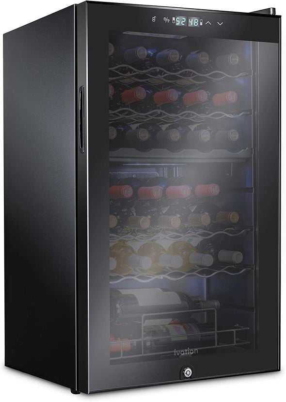 33 Bottle Dual Zone Wine Cooler Refrigerator W/Lock | Large Freestanding Wine Cellar for Red, White, Champagne & Sparkling Wine | 41F-64F Digital Temperature Control Fridge Glass Door Black