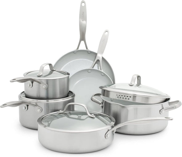 Venice Pro 10 Piece Cookware Set, Stainless Steel Non-Toxic Pfas-Free with Ceramic Nonstick Coating, Induction Suitable, Glass Lids, Multi Clad, Dishwasher & Oven Safe, Silver