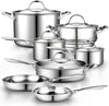 Stainless Steel Kitchen Cookware Sets 12-Piece, Multi-Ply Full Clad Pots and Pans Cooking Set with Stay-Cool Handles, Dishwasher Safe, Oven Safe 500°F