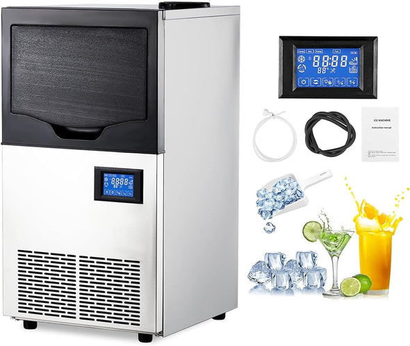 Commercial Ice Maker Machine 140Lbs/24H with Tap Water and Bottled Water Supply Counter Freestanding Ice Machine 22Lbs Storage Capacity Stainless Steel Ice Maker for Home Kitchen, Bar, Restaurant