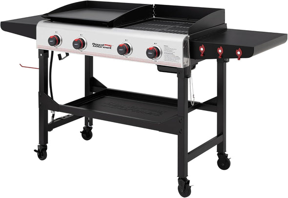 GD403 4-Burner Propane Gas Grill and Griddle Combo with Folding Legs, 48,000 Btus, Portable Griddle Grill Combo for Outdoor Cooking While Camping or Tailgating, Black & Silver