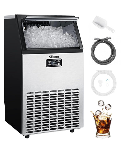 Commercial Ice Maker Machine, Creates 100Lbs in 24H, 33Lbs Ice Storage Capacity, Stainless Steel Freestanding Ice Maker with Auto Self-Cleaning for Home Office Bar Parties (SLIM11)