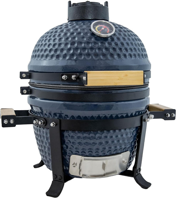 13” Kamado Portable Charcoal Grill with Smoker - Outdoor Ceramic Small BBQ Grill with Stand and Cooking Grate - Dark Blue