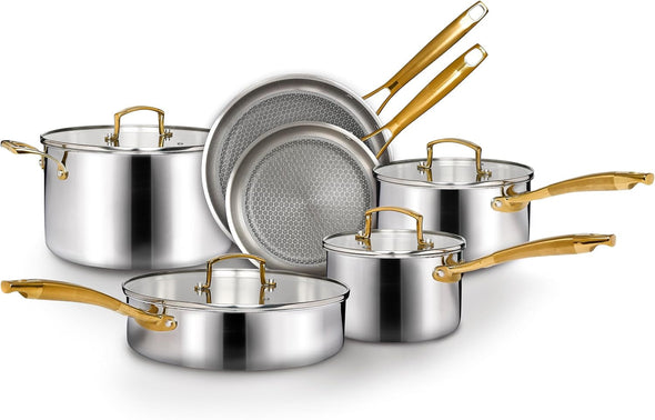 Cookware Sets - 10 Pc. Pots and Pans Set, Tri-Ply Stainless Steel Mirror Polish Finish, Induction Compatible, Tri Ply Nonstick Coated Frying Pans (Stainless Steel)