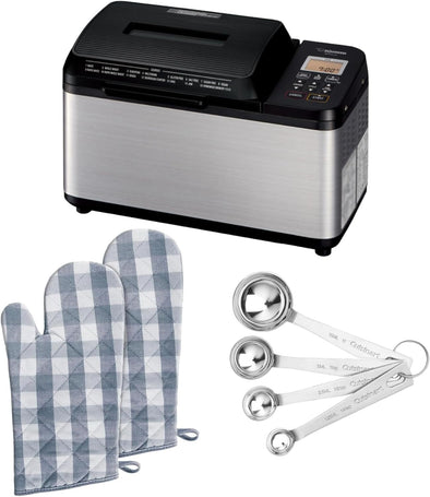 Bread Maker - Premium Breadmaking Machine with Gluten-Free Options, BB-PDC20BA - Digital Timer & Dual Heaters for Baking Enthusiasts Bundle with Oven Mitts and Measuring Spoons (3 Items)