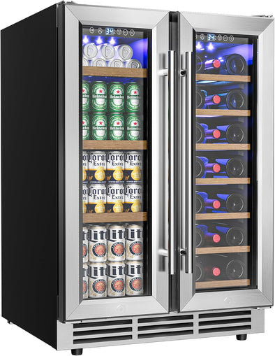 Wine and Beverage Refrigerator, 24 Inch Dual Zone Wine Cooler with Glass Door Hold 21 Bottles and 88 Cans, Built in or under Counter Wine Fridge with Blue LED Light