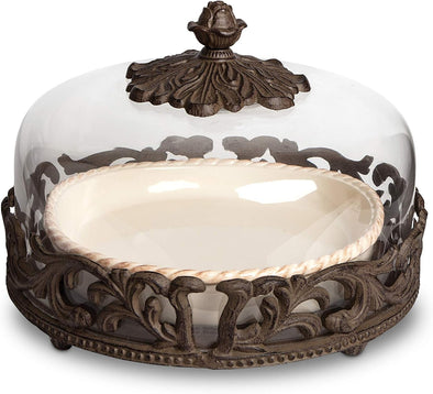 Cream Ceramic Pie Plate with Dome Lid with Acanthus Leaf Metal Base