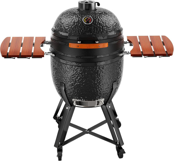 23.5-Inch Kamado Ceramic Charcoal Grill, Grills Outdoor Cooking with Cart, Side Shelves, Stainless Steel Grates, Cover, Tabletop Barbecue Grill for Home Party and Outdoor Backyard Cooking, Black